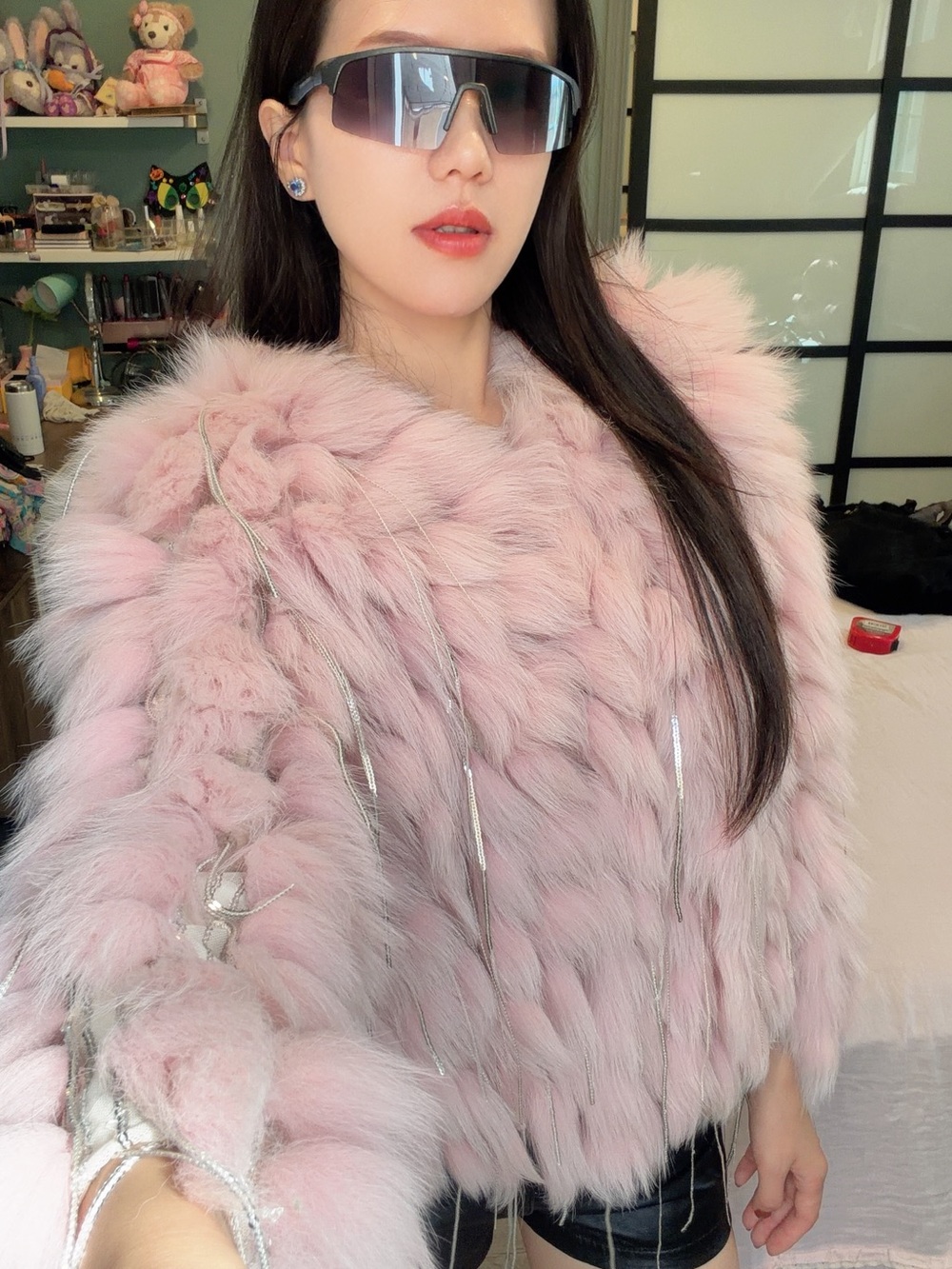 Pink Fox Fur Cloud Jacket Sequin Fringe Y2K Cropped Coat XS/S